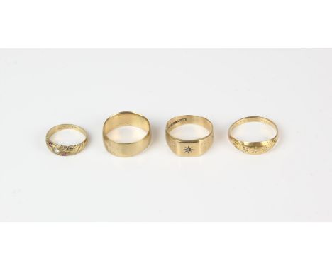 Four rings, including a 7.5mm wedding band, size Q½, a ruby and paste three stone ring, size K, a diamond set signet ring, si