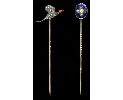 Rose cut diamond cross and oval blue enamel stick pin in tested 9 ct, together with a rose cut diamond and enamel pheasant pi