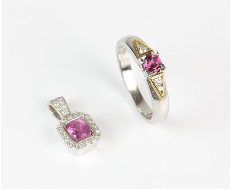A pink tourmaline and diamond ring, with central round cut tourmaline and diamond shoulders, in platinum, size N, together wi