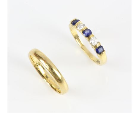 Two rings, a five stone sapphire and diamond ring, set with round cut stones, in 18 ct yellow gold, ring size K, together wit