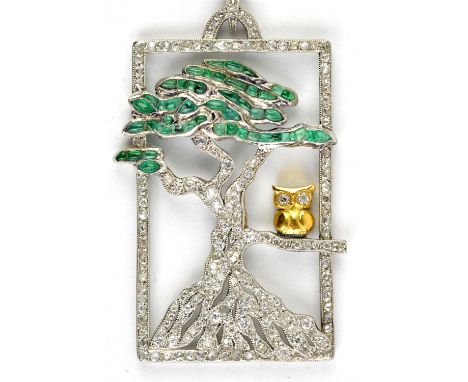 AMENDED CONDITION & PHOTO Art Deco owl and tree pendant, rectangular rose cut diamond set frame measuring 2.9cm x 4.8cm with 
