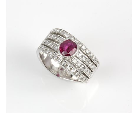 Ruby and diamond ring, central round cut ruby weighing an estimated 0.75 carats, with a band made up of four half eternity ba