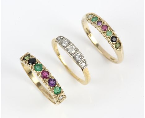 Two vintage dearest rings, each set with a round cut diamond, emerald, amethyst, ruby, emerald, sapphire and tourmaline to sp