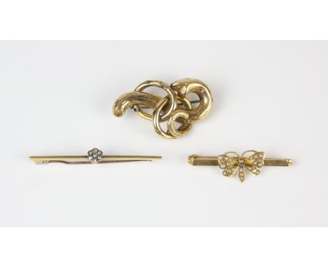 Three bar brooches, including a diamond cluster bar brooch, a pearl butterfly brooch and a knot brooch, all in 15 ctCondition