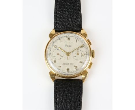 Dulcia, A gentleman's gold chronograph wristwatch, with applied  gold index's to signed cream dial and tachymeter and second 