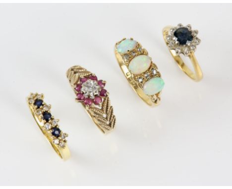 Four rings, including antique opal ring, set with three oval cabochon opals intermittently set with old cut diamonds, with ca