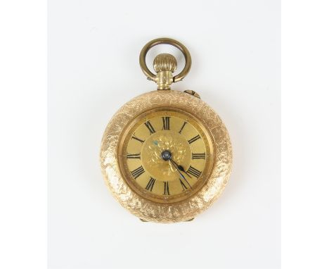 A gold pocket watch 30.5mm case, featuring a gold dial with engraved floral detail and Roman numerals, and engraved reverse, 