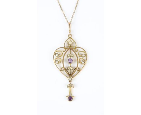 Edwardian seed pearl and amethyst pendant necklace, two round cut amethysts set in an openwork pendant with pearls, measuring