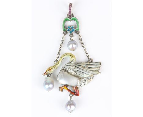 Austro Hungarian enamel swan pendant, enamel bird with mother of pearl breast, with pearls suspended from its beak and leg, w