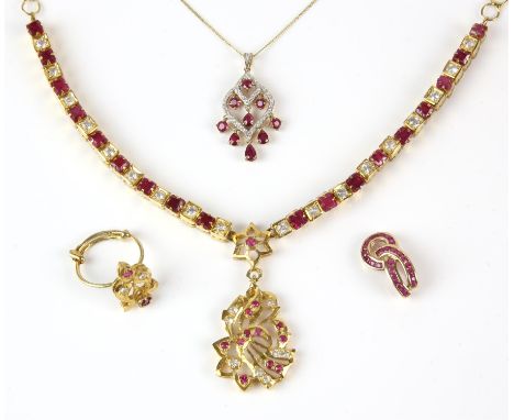 A selection of ruby jewellery, including a diamond and ruby pendant necklace in 9 ct, a ruby pendant in 9 ct, a gold plated r