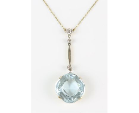 Aquamarine and diamond pendant, square cushion cut aquamarine, estimate weight 15.67 carats, suspended from a diamond set bar