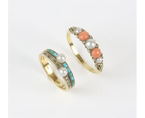 Two gem set rings, one pearl and coral five stone ring, with rose cut diamonds set between each cabochon, in gold stamped 18 