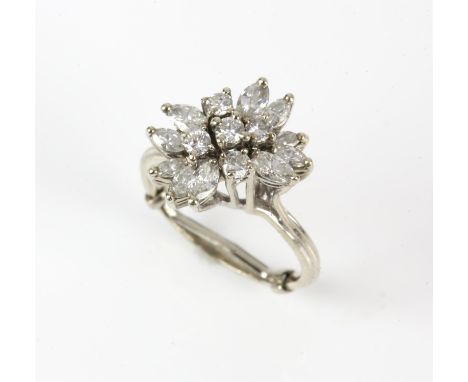 Diamond cluster ring, set with round brilliant cut and marquise cut diamonds, weighing an estimated total of 1.80ct, in teste