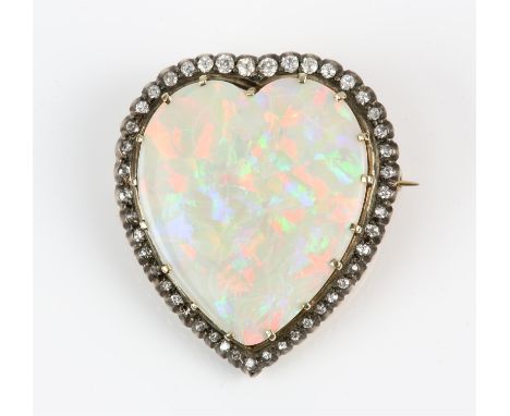 Victorian opal and diamond heart shape brooch, heart shape opal to centre, measuring 27mm x 31mm, claw set within a surround 