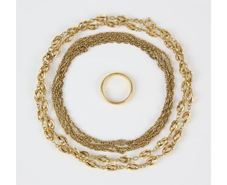 Two chain necklaces and a ring, including a 9 ct twist link chain with bolt ring clasp, 96cm in length, a fancy link chain wi