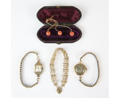 A collection of jewellery including two 9 ct watches, with base metal expandable straps, a gate bracelet with a heart padlock