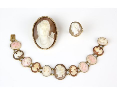 Three 9 ct cameo items, including a cameo bracelet, set with eleven individual cameos, together with a cameo ring, size K, an