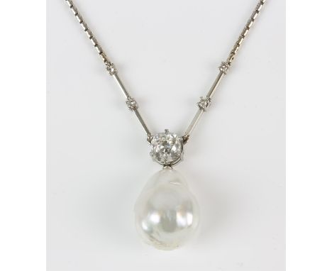 Pearl and diamond necklace, white baroque pearl, suspended from an old cut diamond weighing an estimated 1.20 carats, graded 