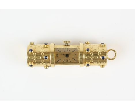 A French 18 ct gold and sapphire set pendant watch of cylindrical outline, the outer case opening to reveal an unsigned recta