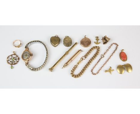 Miscellaneous mainly gold jewellery, including a belcher link bracelet, two engraved lockets, a diamond set heart locket, a p