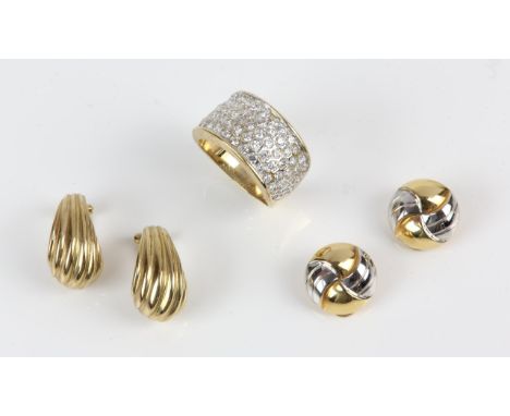 A cubic zirconia set band ring, with five rows of round cut cz's, mounted in 9 ct, size Q, together with two pairs of 9 ct cl