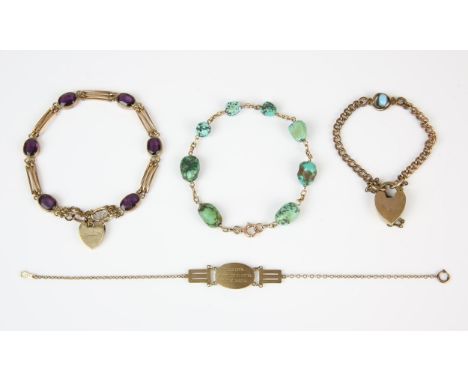 Four bracelets, including an amethyst set gate bracelet with heart padlock in 9 ct, a ID bracelet in 9 ct, a turquoise bracel