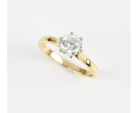 Single stone diamond ring, central round brilliant diamond weighing an estimated 0.75 carats, claw set in 18 ct gold, ring si