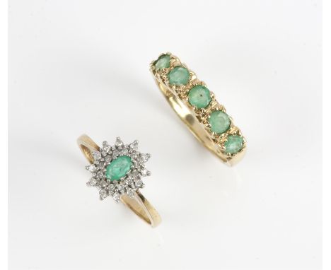 Two emerald rings, including an emerald five stone ring set with round cut emeralds in 9 ct, size P, together with an emerald