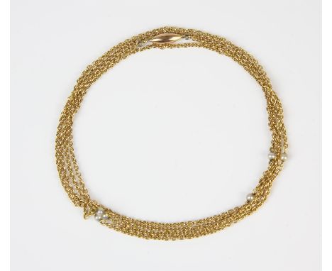 Pearl set necklace, oval belcher chain, intermittently set with pearls , with a fish hook clasp, in 9 ct, 96cm in length Cond
