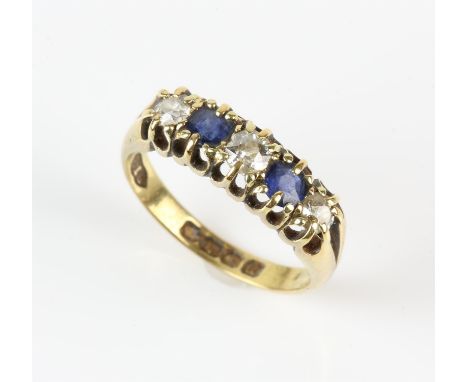 Sapphire and diamond five stone ring, set with three old cut diamonds and two round cut sapphires, in 18 ct yellow gold, ring