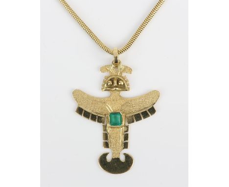 Inca design pendant, with central square step cut emerald, in 18 ct, on a snake chain, in 18 ct, 45cm in length Condition Rep