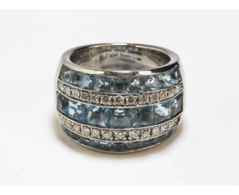 Aquamarine and diamond dress ring, set with three graduating rows of square cut aquamarines, estimated total aquamarine weigh