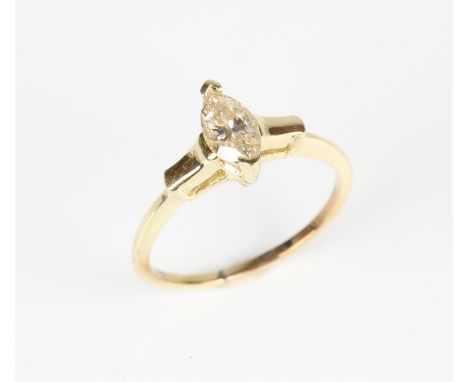 Single stone diamond ring, central marquise cut diamond weighing an estimated 0.50 carats, tension set in gold testing as 14 