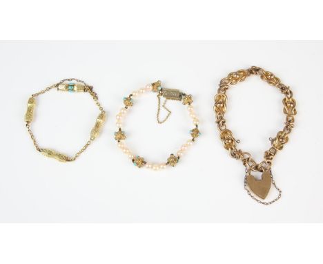 Three bracelets, including pearl bracelet with turquoise links in 9 ct, a fancy link bracelet with turquoise clasp in 14 ct, 