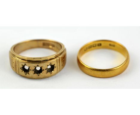 Two gold rings, one 4.2mm wedding band in 22 ct, size Q and a ring mount, missing three stones, in 9 ct, size SCondition Repo