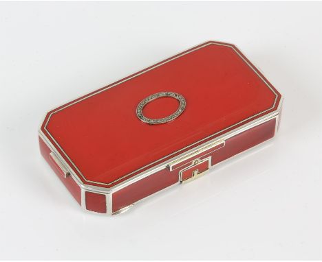 Auguste Peyroula, Art Deco enamelled vanity case, with red enamel and rose cut diamonds set in an oval to the lid, the inside