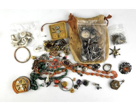 A collection of silver and costume jewellery, including heart lockets, rings including a operculum ring, brooches, necklaces 