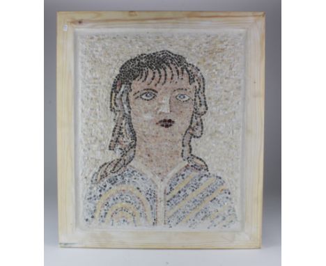 Roman Reconstructed Mosaic with Female Portrait, C. 100 - 400 A.D. Stone tesserae mounted on modern wood board. some fragment