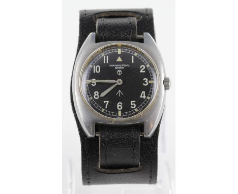 Hamilton Geneve British Military RAF pilot's stainless steel wristwatch, circa 1974. The black dial with Arabic numerals, lum