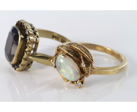 10ct yellow gold ring set with opal and diamonds, size O, weight 2.8g. 8ct yellow gold garnet cluster ring (stones deficient)