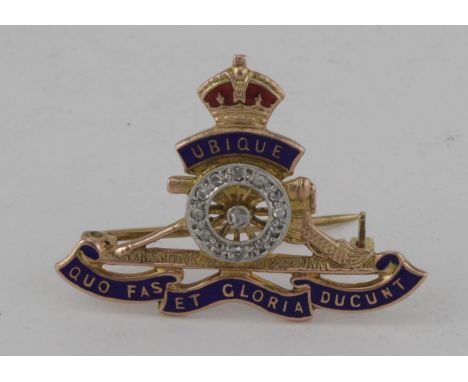 Yellow metal (tests as 9ct Gold) Royal Artillery enamel and diamond set sweetheart brooch, total weight 4g approx. 22mm x 32m