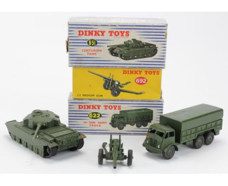 Dinky. Three Dinky models comprising no. 622 (10-Ton Army Truck), no. 651 (Centurion Tank) & no. 692 (5.5 Medium Gun), all bo