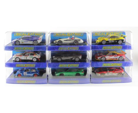 Scalextric. Nine boxed Scalextric models, comprising Lamborghini Gallardo GT (C3135); Maserati 250F (C3403); Porsche 997 (C30