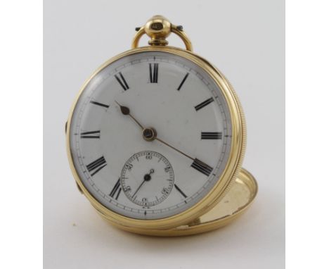 Gents 18ct open faced pocket watch, hallmarked London 1883.The white enamel dial with Roman numerals surrounded by minute tra