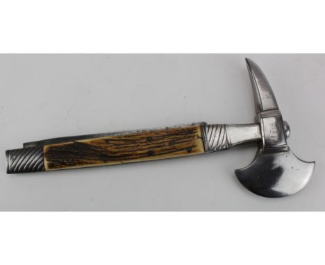 Firemans Axe with horn grip handle, with integrated folding saw, circa late 19th to early 20th century, length 33cm approx.