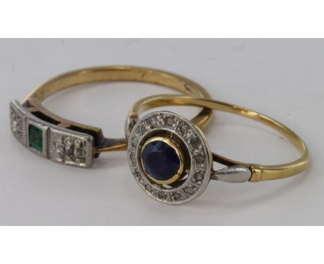 9ct sapphire and diamond cluster ring, size K, weight 1.4g. 9ct emerald and diamond three stone ring, size L, weight 1.6g.