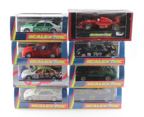 Scalextric. Eight boxed Scalextric models, comprising 200th Anniversary Edition (ltd. ed.); TVR Speed (C2195); BMW 320i Polic