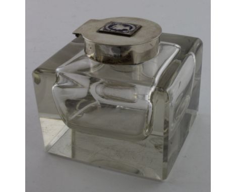 Large glass and silver inkwell with enamel postage stamp to lid- HM London 1913