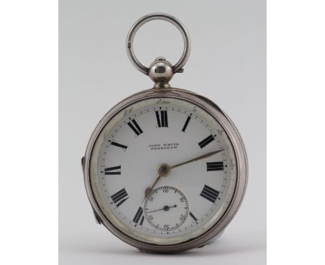 Silver open face pocket watch by John White, Fakenham, hallmarked 'Birmingham 1909', white enamel dial with Roman numerals, s