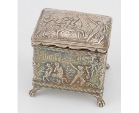 Lovely little silver tea caddy which shows an embossed Greek mythological scene which includes centaurs, shows some wear and 